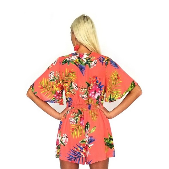 She + Sky Coral Tropical Front Tie Romper - Medium - Picture 7 of 11